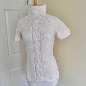 LL Bean Hand Knit Mock Neck Short Sleeve Cable Front Top